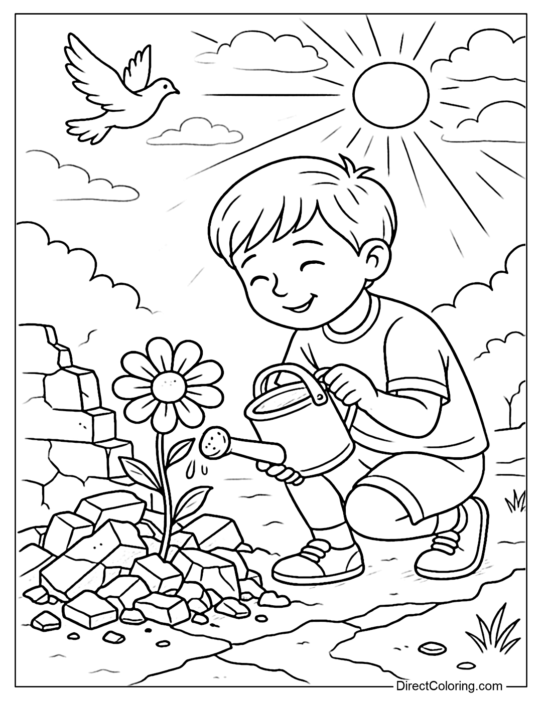 A coloring page of a small flower blooming from the rubble of a collapsed wall after the war.